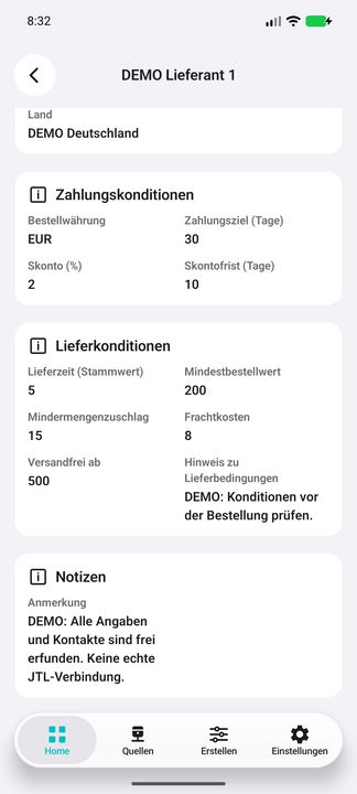 Vollständige Lieferkonditionen und Anmerkung am Ende der Akte — Native Cifru-Ansicht; DEMO, vollständig erfundene Daten. Nicht an einem echten ERP getestet.