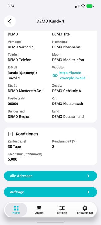 Kundenakte, Teil 2: Anschrift, native Konditionen und beide Unterbuttons — Native Cifru-Ansicht; DEMO, vollständig erfundene Daten. Nicht an einem echten ERP getestet.