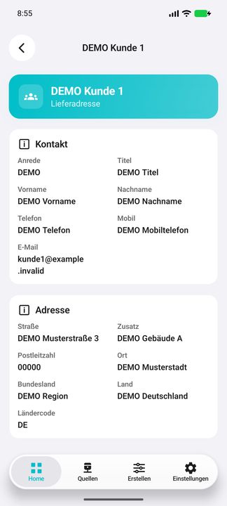 Eine Lieferadresse aus Alle Adressen: Empfänger, Kontakte und Anschrift — Native Cifru-Ansicht; DEMO, vollständig erfundene Daten. Nicht an einem echten ERP getestet.