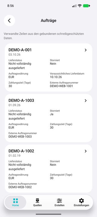 Aufträge nur dieses Kunden: aktuelle, stornierte und ältere Vorgänge — Native Cifru-Ansicht; DEMO, vollständig erfundene Daten. Nicht an einem echten ERP getestet.