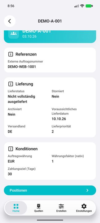 Auftragsdetails mit Lieferstatus, Währung, Konditionen und Positionen — Native Cifru-Ansicht; DEMO, vollständig erfundene Daten. Nicht an einem echten ERP getestet.