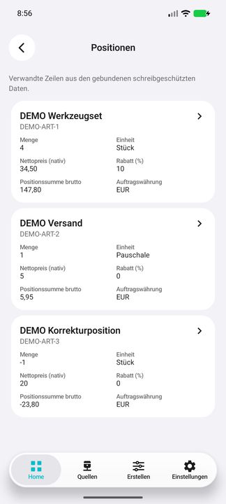 Positionen des gewählten Auftrags, einschließlich Versand und negativer Korrektur — Native Cifru-Ansicht; DEMO, vollständig erfundene Daten. Nicht an einem echten ERP getestet.