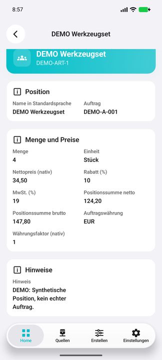 Positionsdetails: Mengen, native Netto-/Bruttowerte, Rabatt, Steuer und Hinweis — Native Cifru-Ansicht; DEMO, vollständig erfundene Daten. Nicht an einem echten ERP getestet.