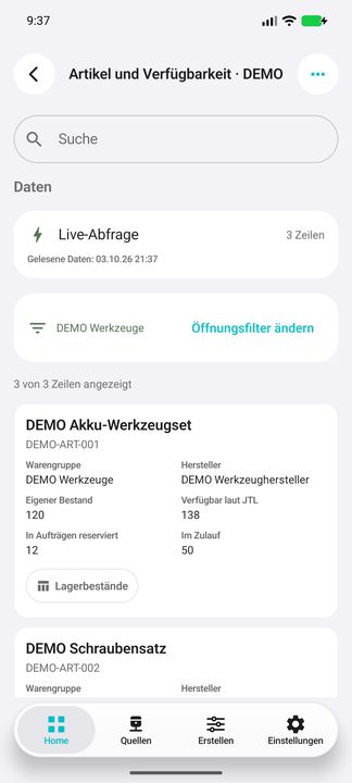 Artikelkarte mit Warengruppenfilter, Hersteller, eigenem Bestand, Verfügbarkeit, Reservierung und Zulauf — Native Cifru-Ansicht; DEMO, vollständig erfundene Daten. Nicht an einem echten ERP getestet.
