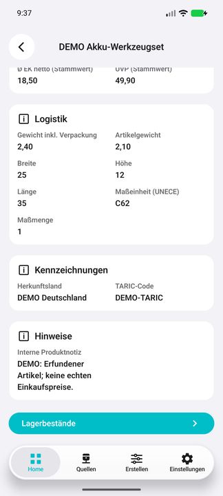 Artikelakte, Teil 3: Maße, Kennzeichnungen, interne Notiz und Lagerbestände — Native Cifru-Ansicht; DEMO, vollständig erfundene Daten. Nicht an einem echten ERP getestet.