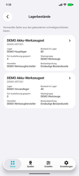 Lagerbestände des gewählten Artikels: Hauptlager und Versandlager mit gesperrten Mengen — Native Cifru-Ansicht; DEMO, vollständig erfundene Daten. Nicht an einem echten ERP getestet.