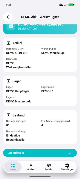 Bestandsdetails: Artikel, Lagerort, native Menge, Eindeutigkeitsprüfung und Lagerdetails — Native Cifru-Ansicht; DEMO, vollständig erfundene Daten. Nicht an einem echten ERP getestet.