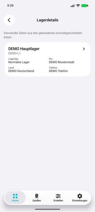 Lagerdetails-Unterbutton: Karte des zugehörigen Lagers mit Typ, Ort und Kontakt — Native Cifru-Ansicht; DEMO, vollständig erfundene Daten. Nicht an einem echten ERP getestet.