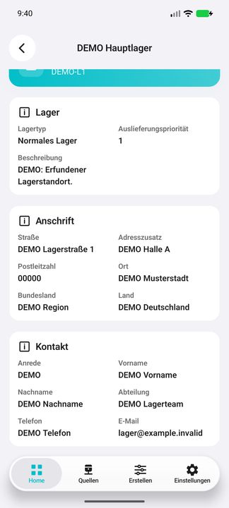 Lagerakte mit Auslieferungspriorität, Beschreibung, vollständiger Anschrift und Kontakt — Native Cifru-Ansicht; DEMO, vollständig erfundene Daten. Nicht an einem echten ERP getestet.