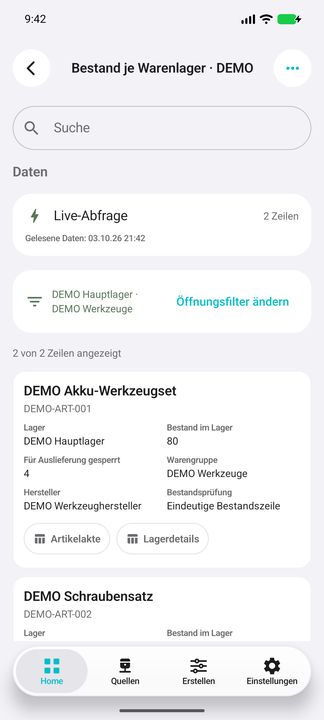 Bestandskarte mit Lager- und Warengruppenfilter sowie Artikelakte und Lagerdetails — Native Cifru-Ansicht; DEMO, vollständig erfundene Daten. Nicht an einem echten ERP getestet.