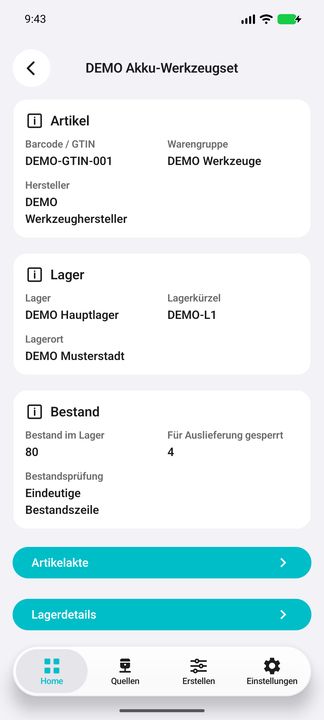 Bestandsdetails mit Barcode, Hersteller, Lagerort, Mengenprüfung und beiden Unterbuttons — Native Cifru-Ansicht; DEMO, vollständig erfundene Daten. Nicht an einem echten ERP getestet.