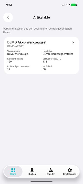 Artikelakte-Unterbutton: der gewählte Artikel mit Verfügbarkeit, Reservierung und Zulauf — Native Cifru-Ansicht; DEMO, vollständig erfundene Daten. Nicht an einem echten ERP getestet.