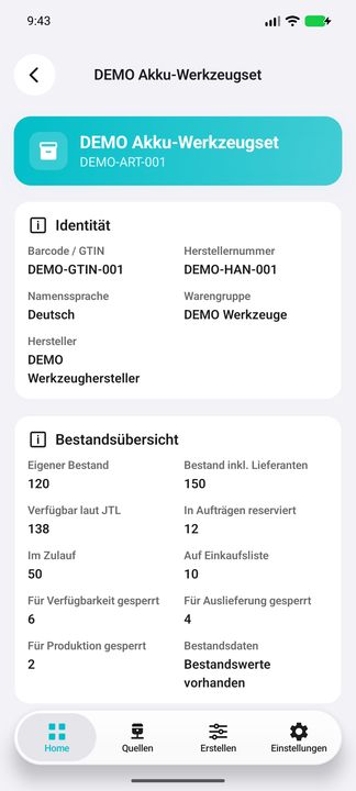 Artikelakte, Teil 1: Kennungen, Warengruppe, Hersteller und native Bestandsübersicht — Native Cifru-Ansicht; DEMO, vollständig erfundene Daten. Nicht an einem echten ERP getestet.