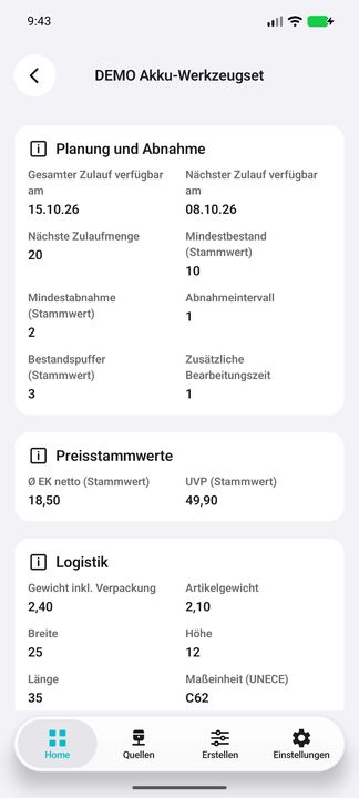 Artikelakte, Teil 2: Planung, Verkaufsabnahme, Preisstammwerte und Logistik — Native Cifru-Ansicht; DEMO, vollständig erfundene Daten. Nicht an einem echten ERP getestet.