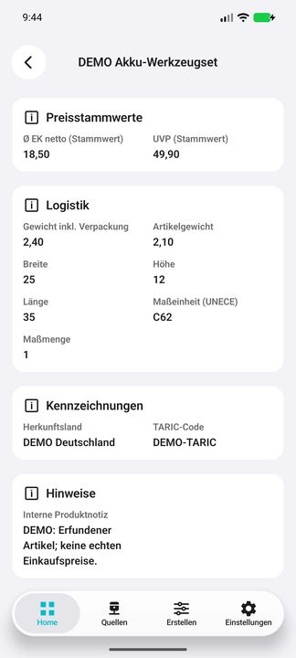 Artikelakte, Teil 3: Maße, Herkunft, TARIC und interne Produktnotiz — Native Cifru-Ansicht; DEMO, vollständig erfundene Daten. Nicht an einem echten ERP getestet.