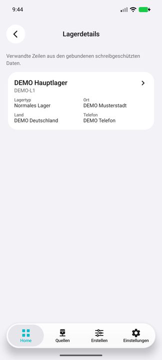 Lagerdetails-Unterbutton: Lagerkarte mit Lagertyp, Anschrift und Kontakt — Native Cifru-Ansicht; DEMO, vollständig erfundene Daten. Nicht an einem echten ERP getestet.