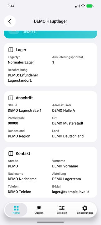 Lagerakte mit Priorität, Beschreibung, vollständiger Anschrift und Ansprechpartner — Native Cifru-Ansicht; DEMO, vollständig erfundene Daten. Nicht an einem echten ERP getestet.