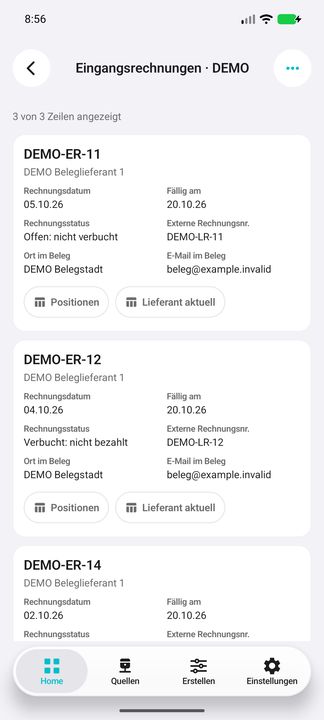 Vollständige Rechnungskarte mit Datum, Fälligkeit, Status, externer Nummer und beiden Unterbuttons — Native Cifru-Ansicht; DEMO, vollständig erfundene Daten. Nicht an einem echten ERP getestet.