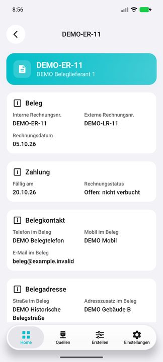 Rechnungsakte, Teil 1: interne und externe Nummer, Datum, Fälligkeit, Status und historischer Belegkontakt — Native Cifru-Ansicht; DEMO, vollständig erfundene Daten. Nicht an einem echten ERP getestet.
