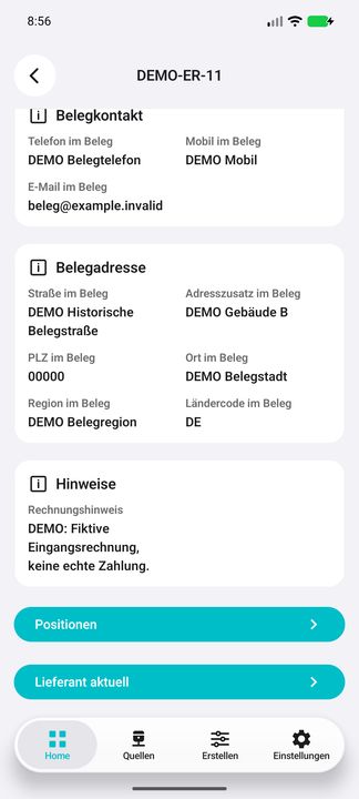 Rechnungsakte, Teil 2: historische Anschrift, Hinweis, Positionen und aktueller Lieferant — Native Cifru-Ansicht; DEMO, vollständig erfundene Daten. Nicht an einem echten ERP getestet.