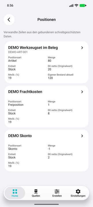 Rechnungspositionen: Artikel, Fracht-Freiposition und Skonto mit Originalmengen und Einkaufspreisen — Native Cifru-Ansicht; DEMO, vollständig erfundene Daten. Nicht an einem echten ERP getestet.