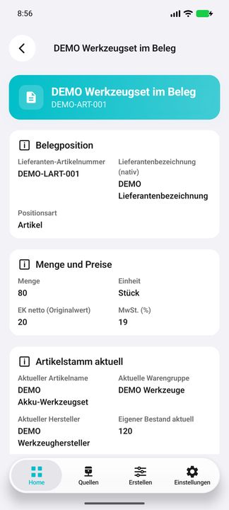 Positionsakte, Teil 1: Lieferantenartikel, Positionsart, Originalmenge, Nettopreis und getrennte aktuelle Artikelwerte — Native Cifru-Ansicht; DEMO, vollständig erfundene Daten. Nicht an einem echten ERP getestet.