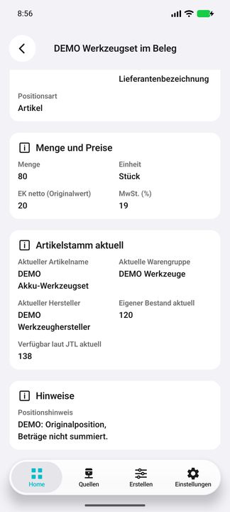 Positionsakte, Teil 2: aktuelle Warengruppe, Hersteller, eigener Bestand, native Verfügbarkeit und Positionshinweis — Native Cifru-Ansicht; DEMO, vollständig erfundene Daten. Nicht an einem echten ERP getestet.