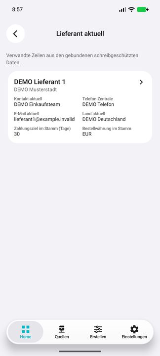 Aktueller Lieferant: separate Kontaktkarte mit Zahlungsziel und Bestellwährung aus dem Stamm — Native Cifru-Ansicht; DEMO, vollständig erfundene Daten. Nicht an einem echten ERP getestet.