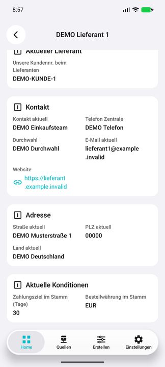 Lieferantenakte mit eigener Kundennummer beim Lieferanten, Kontakt, Website, Anschrift und aktuellen Konditionen — Native Cifru-Ansicht; DEMO, vollständig erfundene Daten. Nicht an einem echten ERP getestet.
