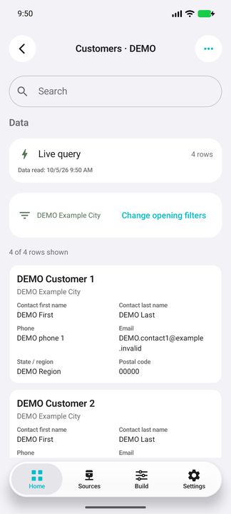 Customers: opening city selection, matching rows and the complete contact card — Native Cifru; DEMO, entirely fictional data. Not a real ERP connection test.