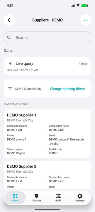 Suppliers: opening city selection, matching rows and the complete contact card — Native Cifru; DEMO, entirely fictional data. Not a real ERP connection test.