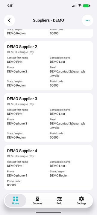 More supplier cards; unavailable contact values are not invented — Native Cifru; DEMO, entirely fictional data. Not a real ERP connection test.