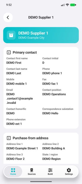 Supplier Details: complete primary contact and purchase-from address, first part — Native Cifru; DEMO, entirely fictional data. Not a real ERP connection test.