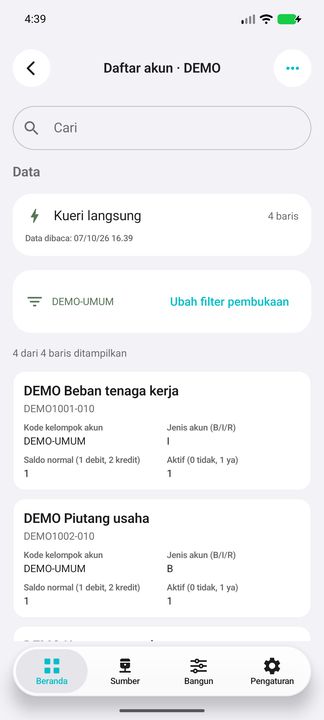 Pilih kelompok akun; lihat nomor, nama, jenis, saldo normal dan status pada kartu lengkap. — Cifru native; DEMO, seluruh data fiktif. Bukan uji koneksi ERP nyata.