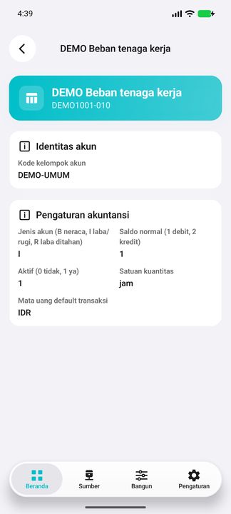 Rincian akun: klasifikasi, kelompok, saldo normal, aktif, satuan kuantitas dan mata uang default transaksi. — Cifru native; DEMO, seluruh data fiktif. Bukan uji koneksi ERP nyata.