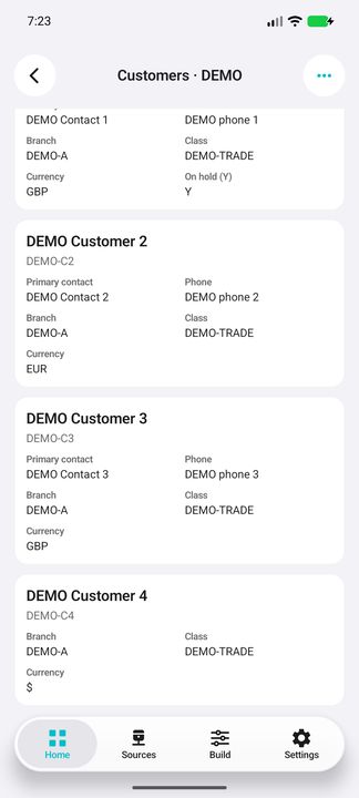 Remaining customer cards: different currency codes and intentionally empty contact/hold values — Native Cifru; DEMO, entirely fictional data. Not a real ERP connection test.