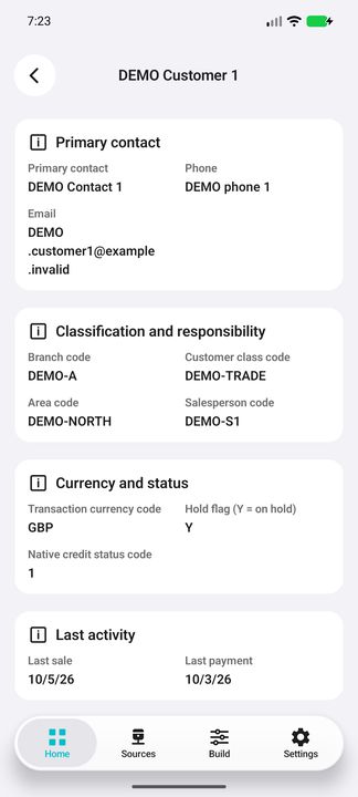Details continuation: currency, stored hold/credit codes and last activity (sale: 5 October; payment: 3 October 2026) — Native Cifru; DEMO, entirely fictional data. Not a real ERP connection test.