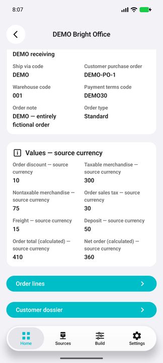 Order Details: native tax, freight, discount and deposit; calculated total and net order, not customer balance — Native Cifru DEMO, entirely fictional data; not a real ERP connection test.