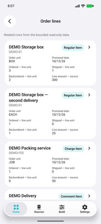 Related order lines: regular items, charge and comment, with each line's units and native amount — Native Cifru DEMO, entirely fictional data; not a real ERP connection test.