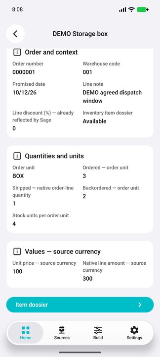 Line Details: ordered, shipped and backordered quantities, stock-unit factor, native price and amount, item dossier button — Native Cifru DEMO, entirely fictional data; not a real ERP connection test.