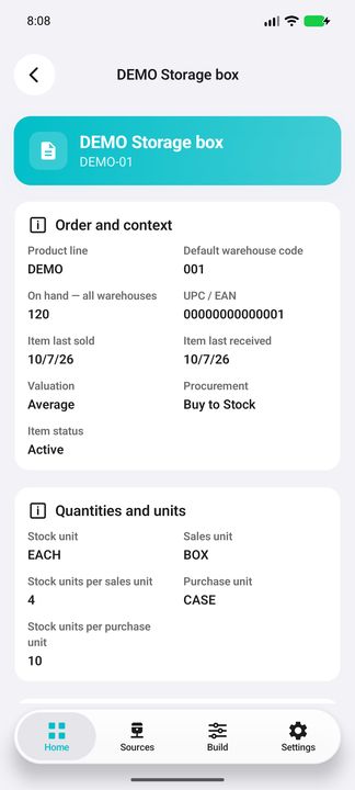Item Details: product line, total on-hand quantity, activity dates, status, valuation and sales/purchase units — Native Cifru DEMO, entirely fictional data; not a real ERP connection test.