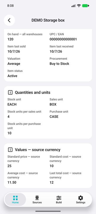 Item Details continued: unit conversions, reference price and native cost values — Native Cifru DEMO, entirely fictional data; not a real ERP connection test.