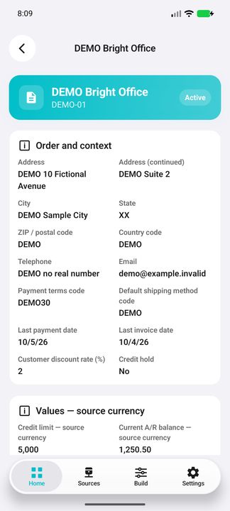 Customer Details: fictional contacts and address, terms, recent payment/invoice dates, discount and credit hold — Native Cifru DEMO, entirely fictional data; not a real ERP connection test.