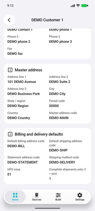 Complete master address and billing/delivery defaults, including region, postal code, country and address codes — Native Cifru DEMO, entirely fictional data; not a real ERP connection test.