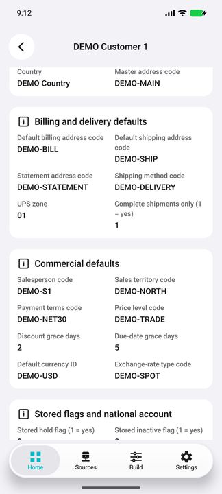 Commercial defaults: salesperson, territory, payment terms, price level, grace days and default currency/rate IDs — Native Cifru DEMO, entirely fictional data; not a real ERP connection test.