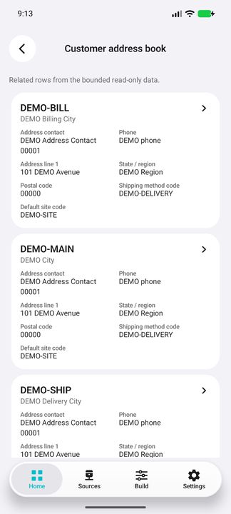 Customer-specific address book with populated billing, master and shipping cards; first two address cards complete — Native Cifru DEMO, entirely fictional data; not a real ERP connection test.