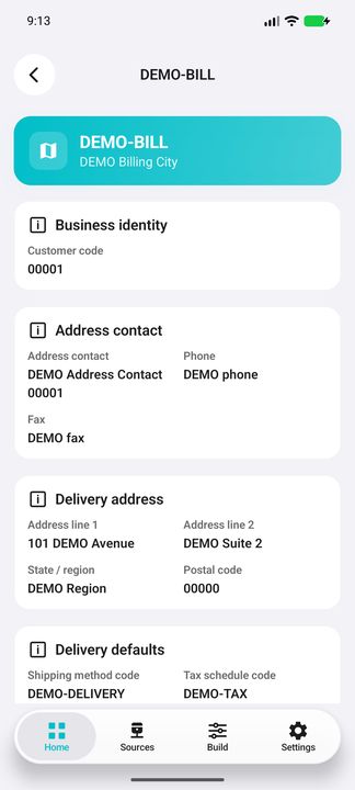 Individual address: native address code/city header, owning customer, contact, phone/fax and delivery address — Native Cifru DEMO, entirely fictional data; not a real ERP connection test.