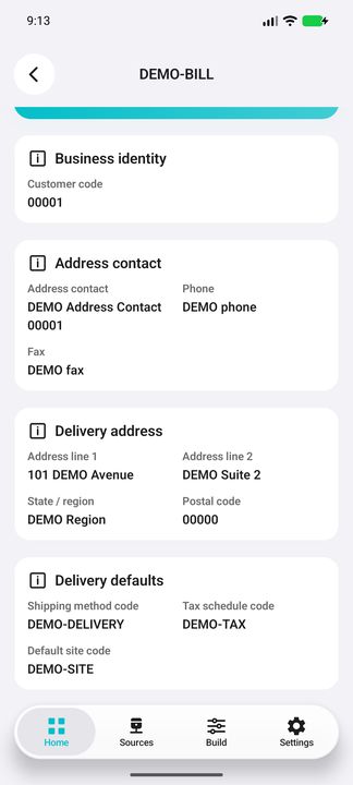 Address Details continuation: complete shipping method, tax schedule and site codes, without an exposed technical row key — Native Cifru DEMO, entirely fictional data; not a real ERP connection test.