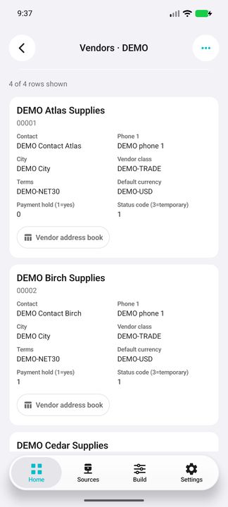 Complete supplier cards: contacts, class, terms, default currency, independent payment hold/status codes and address-book action — Native Cifru DEMO, entirely fictional data; not a real ERP connection test.