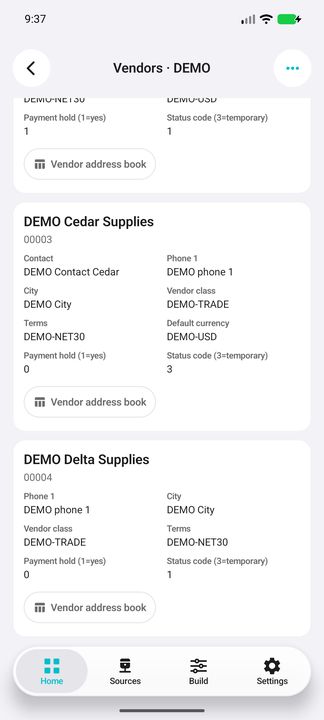 Supplier cards continued: documented temporary code 3 and a supplier with genuinely empty contact/currency fields, without invented values — Native Cifru DEMO, entirely fictional data; not a real ERP connection test.